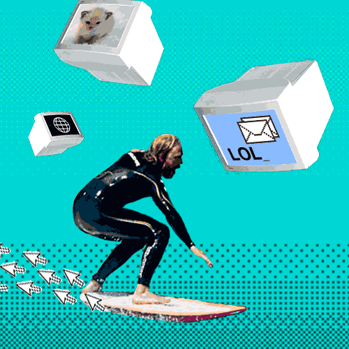 A person on a surfboard surfing around 90s computers with pictures of cats